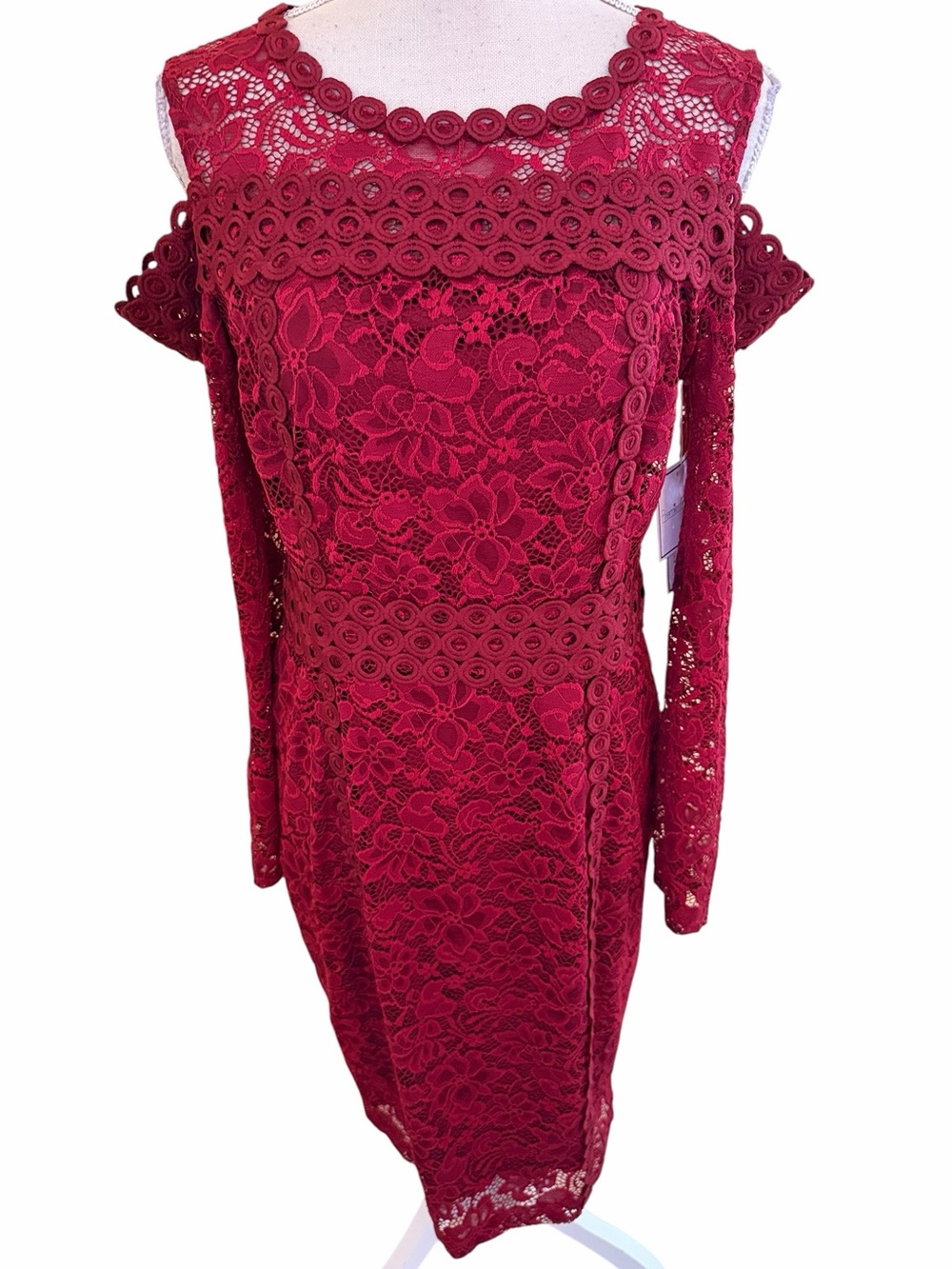 Premier Amour Wine Lace Cold-Shoulder Long Sleeve Sheath Dress 10